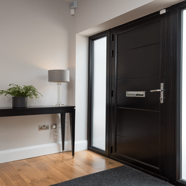 aluminium entrance door with silver furniture